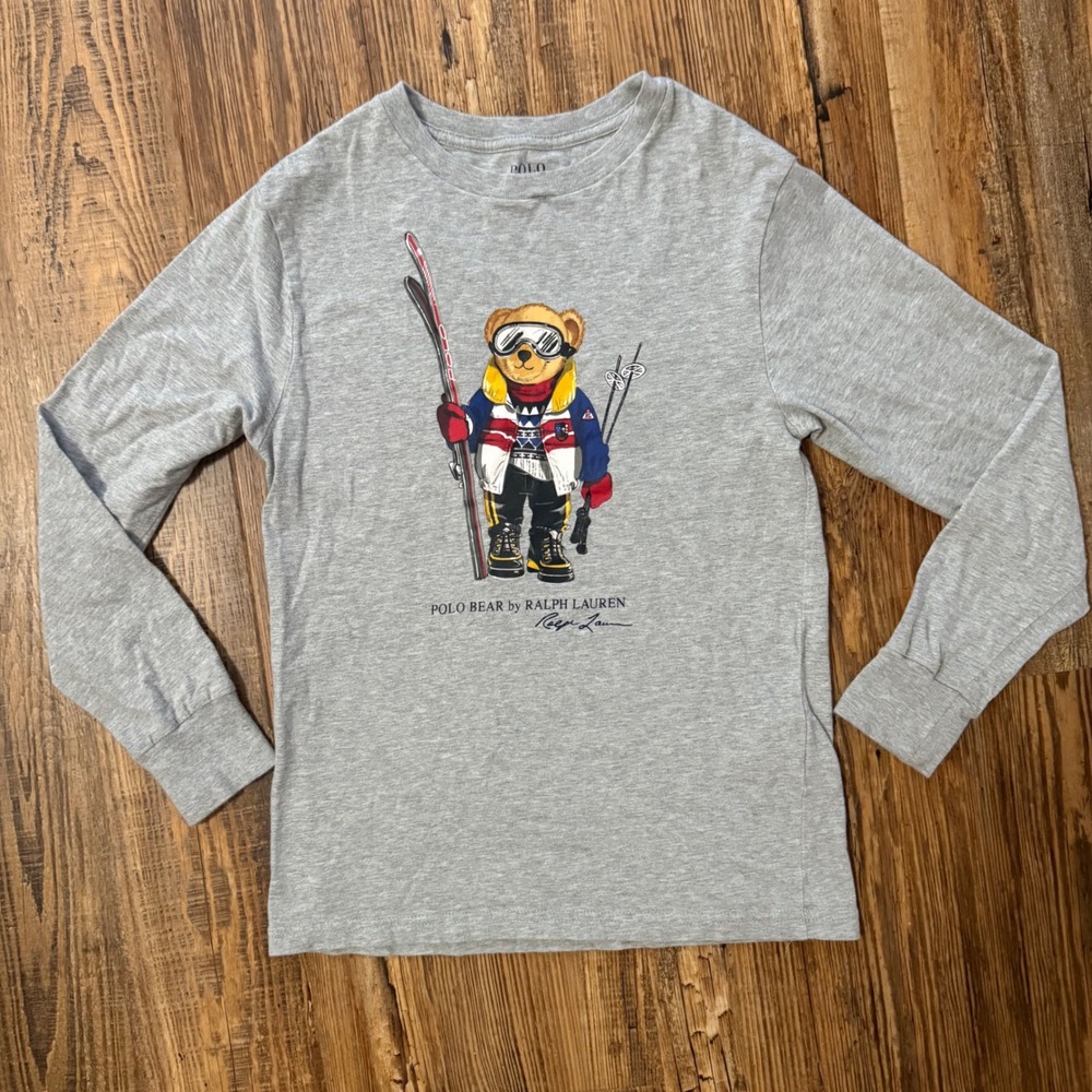 Polo Ralph Lauren Graphic Tee Kids Size 8 Grey Skiing Polo Bear Long Sleeve